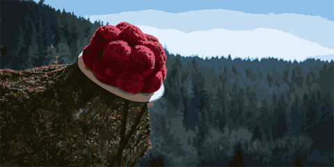 Schwarzwald Black Forest Hintergrund Illustration Vektor Grußkarte - Abstrakte Zeichnung von Bollenhut auf Baumstamm im Wald - obrazy, fototapety, plakaty