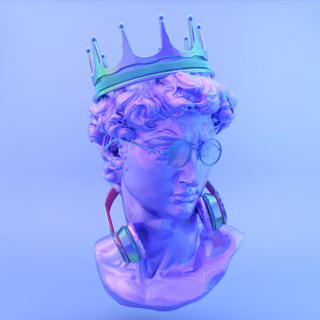  Gypsum statue of David's head. Creative. Plaster statue of David's head in blue sunglasses and crown. Minimal concept art.