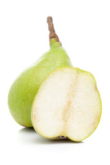 Close-up of Organic Indian green Pear fruit (Pyrus) sliced or half part  it is an green to light yellow in color, isolated over white background,