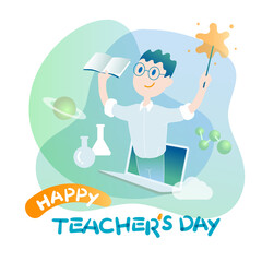 Illustration for happy teacher's day. The teacher is teaching remotely . Online Learning with laptop and educational element.