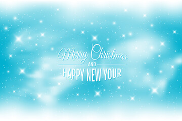 Blue with white gradient background with falling snow for greeting cards, Merry Christmas and Happy New Year. Beautiful frosty snow blizzard. Vector realistic illustration.