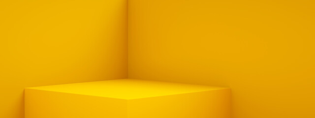 3D rendering of empty room interior design or yellow pedestal display,  blank stand for showing product, panoramic image