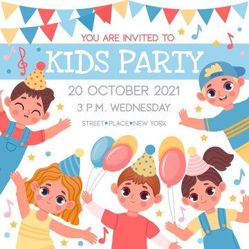 Invitation poster for birthday or kids party with cartoon characters. School or kindergarten event with happy boys and girls vector template