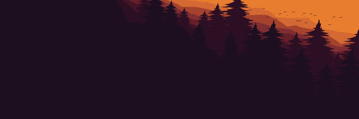 sunset at mountain forest landscape with bird silhouetter flat design vector illustration for wallpaper, background, backdrop design, template design and tourism design template