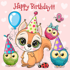 Cute Squirrel and owls with balloon and bonnets