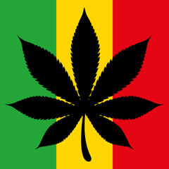 Realistic cannabis leaf silhouette on a rasta flag. Vector icon illustration.