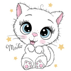 Cartoon white kitten on a white background