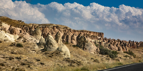 Cappadocia, Turkey - September 1, 2021 – Impressive nature by chimney rock formations and rock...