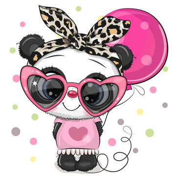 Cute Cartoon Panda in a pink glasses with balloon