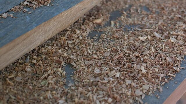 Close up of sawdust on wood plank from plane in working place of making timber furniture. Concept of wood carpentry, hobby, DIY in free time, vintage retro location