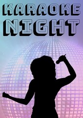 Karaoke night text over silhouette of female singer singing against disco ball on blue background