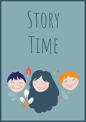 Story time text against woman and two kids icons on green background
