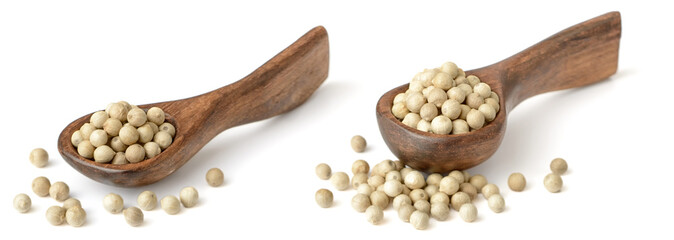 white peppercorns in the wooden spoon, isolated on the white background