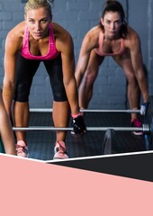 Fototapeta na wymiar Pink and grey banner with copy space against two caucasian fit woman working out at the gym
