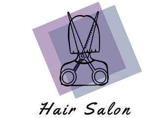 Hair salon text with scissor over a woman icons on a purple banner against white background
