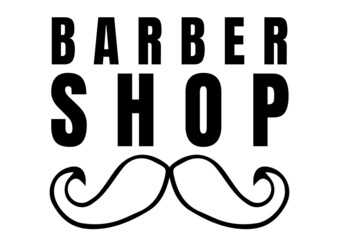 Digitally generated image of barber shop text with moustache icon against white background