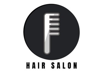 Digitally generated image of hair salon text with comb icon on round banner against white background