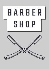 Barber shop text banner with two straight blade razors icons against grey background