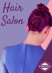 Hair salon text against rear view of woman's hairstyle