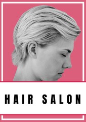 Hair salon text banner over side view of a woman's hairstyle against pink background