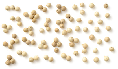 white peppercorns isolated on the white background, top view