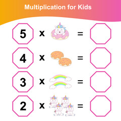 Multiplication Unicorn Worksheet for preschool. Printable math worksheet. Math Game for Preschool. Multiplication Mathematic worksheet. Vector illustration. Multiplication Worksheet