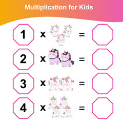 Multiplication Unicorn Worksheet for preschool. Printable math worksheet. Math Game for Preschool. Multiplication Mathematic worksheet. Vector illustration. Multiplication Worksheet