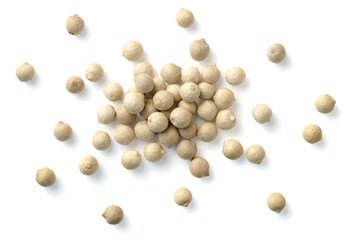 close up of dried white peppercorns isolated on the white background, top view