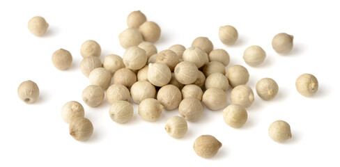 close up of dried white peppercorns isolated on the white background