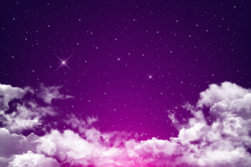 Realistic magical night sky with stars and white clouds. Vector background of night purple sky.