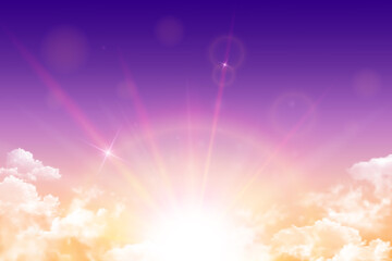 Realistic magic bright orange desert sky with sun, sunbeam and white clouds. Vector background of daytime sunny sky.