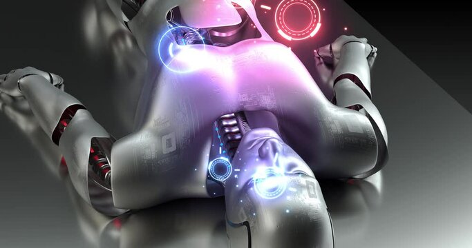Futuristic Bionic Robot Production. AI Humanoid Cyborg. Hud Fx. Robotics And Technology 3D Concept.