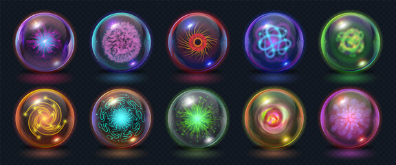Realistic magic energy balls with fire, lights and lightning effects. Glowing power orb with plazma burst. Fantasy crystal sphere vector set - obrazy, fototapety, plakaty