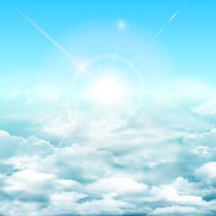 Sunny background, blue sky with white clouds and sun. Square realistic vector banner with blue sky.