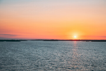 Sweden. Beautiful Seascape In Sunset Sunrise Time. Sun Sunshine Above Rocky Islands Archipelago. Sunny Summer Evening