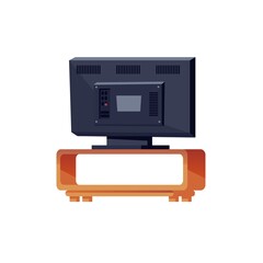Vector flat cartoon TV on stand,back view isolated on empty background-home appliances,modern digital technologies and entertainment media concept,web site banner ad design
