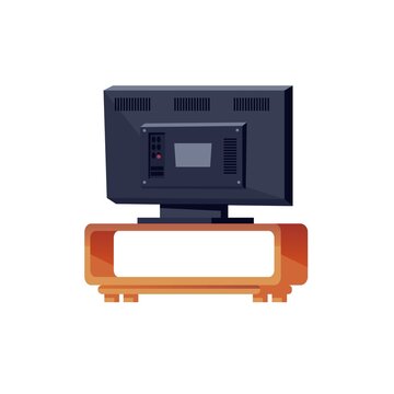 Vector flat cartoon TV on stand,back view isolated on empty background-home appliances,modern digital technologies and entertainment media concept,web site banner ad design