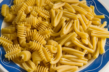Closeup of a plate with various types of Italian pasta