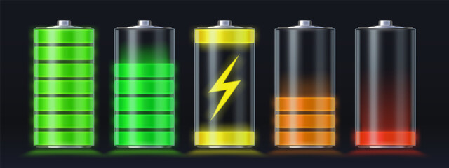 Realistic battery charging empty to full energy level. Glowing smartphone accumulator load icon with lightning. Charge indicator vector set - obrazy, fototapety, plakaty
