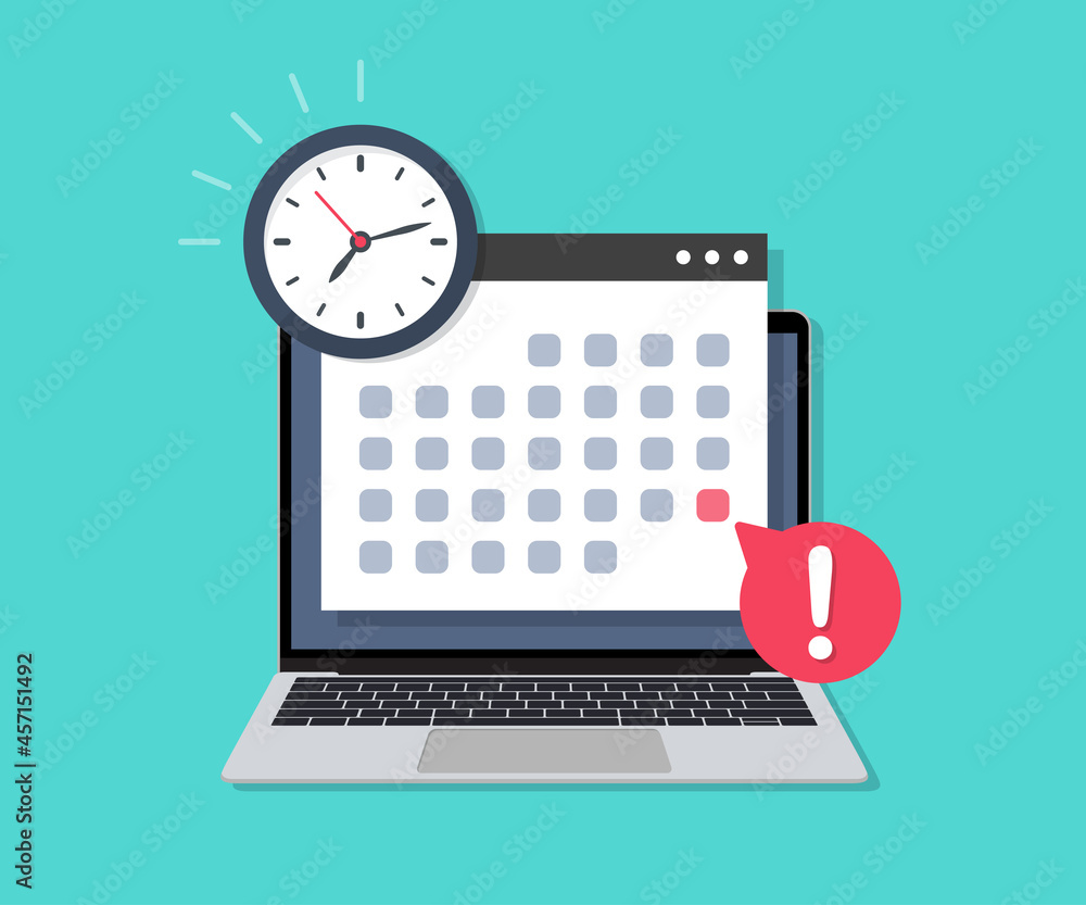Poster laptop with deadline calendar date and clock in a flat design