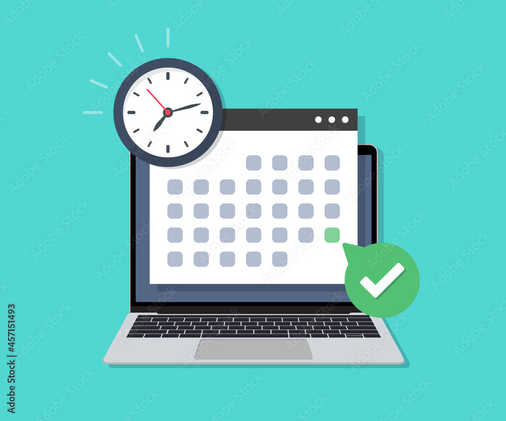 Poster Laptop with deadline check calendar date and clock in a flat design