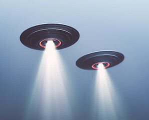 Two UFOs flying in fog with light below. 3D illustration, concept image UFOs on the sky. - 457151617
