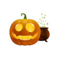 3d Jack's pumpkin lantern and witch's cauldron with green potion, Halloween concept, isolated illustration on a white background, 3d rendering