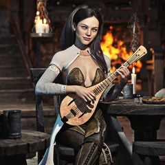 Fotobehang Elegant fantasy female bard plays a song in a medieval tavern with her favorite lute instrument. 3d rendering  © Digital Storm