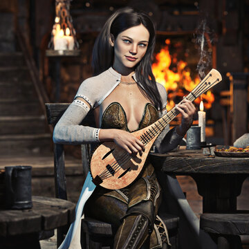 Elegant fantasy female bard plays a song in a medieval tavern with her favorite lute instrument. 3d rendering
