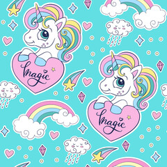 Vector seamless pattern with unicorn with a heart