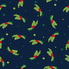 Fototapeta na wymiar Seamless pattern of Holly, Ilex Branch with Berry and Leaves, Mistletoe. Christmas, New Year Holiday Celebration Symbol. Vector Illustration on a dark background. Great for textile, fabric.