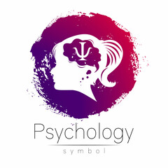 Modern logo Kid Girl head and letter Psi inside. Logotype sign of Psychology. Profile Human. Violet Pink color isolated on white. Creative style. Symbol in vector. Design concept.