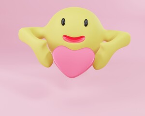 Emoji cartoon 3d render. Emoji with heart.  Emoji holding  heart. Emoji on  background isolated.