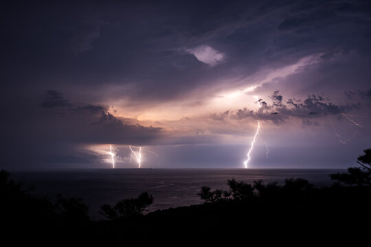 Several lightning bolts during a thunderstorm over the Black Sea.